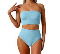 Generico Set Bikini a Fascia Alta Testurizzato con Lacci sulla Schiena, Imbottiti, Due Pezzi a Vita Bassa, Costume da Bagno da Donna