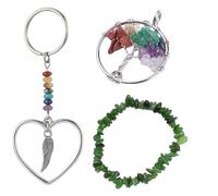 Generico Set Bracciale chip pietre vere naturali, portachiave 7 chakra cuore e ala, ciondolo albero della vita con 7 chakra cristalloterapia (Giada Verde)