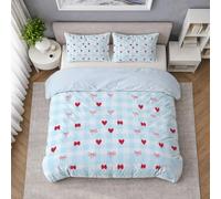 Generico Set Copripiumino 135 x 200 cm Classico A Quadretti, Azzurro Cielo Copriletto Singolo con una Federa, Morbida Copripiumino Motivo Fiocco Forma di Cuore Romantico Dolce Resistente Lavabile