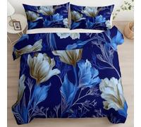 Generico Set Copripiumino 150 x 220 cm Bedding Set Matrimoniale in microfibra Tulipani Foglie Arte con 2 Federe 50x80-3 pezzi Set di Lenzuola extra morbida Morbido ed Ipoallergenico Blu