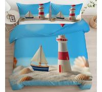 Generico Set Copripiumino 2 Pezzi 135 x 200 cm Tema Nautico Faro Barca A Vela Copripiumone in Microfibra Morbida con Chiusura Lampo, Blu Traspirante Biancheria da Letto per Adulti e Bambini