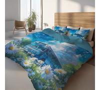 Generico Set Copripiumino 200 x 200 cm Anime Rustico, Blu Lago Microfibra Copriletto una Piazza e Mezza con due Federe, Morbida Microfibra Copripiumino Motivo Autobus Margherite Resistente Lavabile