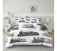 Generico Set Copripiumino 200 x 200 cm Biancheria da Letto, Copripiumino Reversibile Vintage - Treno A Vapore Geometria Morbido e Accogliente per Adulti Bambini e Adolescenti
