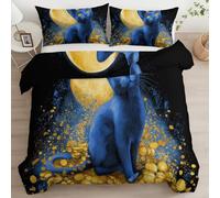 Generico Set Copripiumino 220 x 240 cm Bedding Set Matrimoniale in microfibra Gatto Blu Luna Cartone Animato con 2 Federe 50x80-3 pezzi Set di Lenzuola extra morbida Morbido ed Ipoallergenico Nero