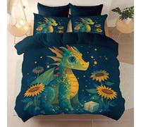 Generico Set Copripiumino 230 x 220 cm Inclusa Federa 50x80 cm federe da - Fantasia Drago Lucciola Fioriin Microfibra Copripiumino per camera da letto,set di biancheria da letto con Blu-grigio