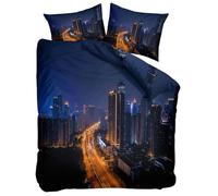 Generico Set Copripiumino 240x220 cm Cina Vista Notturna Della Città Blu Scuro Parure Sacco Copri Piumone Cotone Poliestere Reversibile Biancheria da Letto 1 x Copripiumino e 2 x Federe 50x80 cm