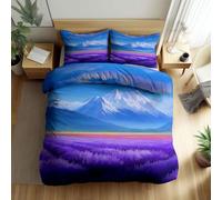 Generico Set Copripiumino 3 Pezzi 150 x 200 cm Stile Anime Montagne Innevate Campi Di Lavanda Set di Biancheria da Letto, Blu Microfibra Stampa Copripiumino con Chiusura a Cerniera