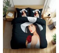 Generico Set Copripiumino con Motivo Cartone Animato Donna Fiori Artistico, Copripiumino Nero Morbido e Iipoallergenico, Set biancheria da letto in Microfibra spazzolata (150 x 220 cm)