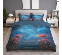 Generico Set copripiumino in Morbida Copripiuminos Blu,Matrimoniale Couripiumino 240 x 260 + Federa 2 x 50 x 70, Fantasia Funghi Altalena Fiaba,Facile da pulire, Easy Cura Copripiumino