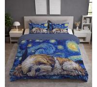 Generico Set Copripiumino Matrimoniale 200 x 200 cm + 2 Federa 50x80 cm, Microfibra Copripiumino Morbida, Delicata sulla Pelle, Traspirante, Reversibile, Blu, Pittura A Olio Cielo Stellato Cane