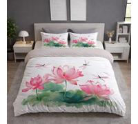 Generico Set Copripiumino Matrimoniale 200 x 200 cm + 2 Federa 50x80 cm, Microfibra Copripiumino Morbida, Delicata sulla Pelle, Traspirante, Reversibile, Rosa, Pittura A Inchiostro Loto Libellula