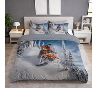 Generico Set Copripiumino Matrimoniale 200 x 200 cm 3 Pezzi + 2 Federe 50 x 80 cm, Completo Copripiumino in Microfibra, Delicata sulla Pelle, Reversibile, Bianco, Corsa Motoslitta