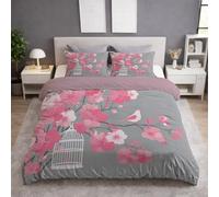 Generico Set Copripiumino Matrimoniale 200 x 200 cm 3 Pezzi + 2 Federe 50 x 80 cm, Completo Copripiumino in Microfibra, Delicata sulla Pelle, Reversibile, Rosa, Elegante Floreale Gabbia Per Uccelli