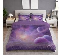 Generico Set Copripiumino Matrimoniale 3 Pezzi 200 x 200 cm + 2 Federa 50 x 80 cm, Microfibra Copripiumino, Delicata sulla Pelle, Traspirante e Reversibile, Viola, Fantasia Universo Pianeti