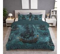 Generico Set Copripiumino Matrimoniale 3 Pezzi 260 x 240 cm + 2 Federa 50 x 80 cm, Microfibra Copripiumino, Delicata sulla Pelle, Traspirante e Reversibile, Ciano, Oceano Fulmine Nave Pirata