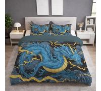 Generico Set Copripiumino Matrimoniale 3 Pezzi 260 x 240 cm + 2 Federa 50 x 80 cm, Microfibra Copripiumino, Delicata sulla Pelle, Traspirante e Reversibile, Blu, In Volo Drago Fulmine