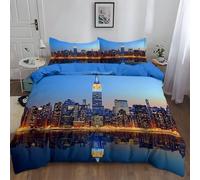 Generico Set Copripiumino Panorama notturno di New York Stampato Set Biancheria da letto Azzurro, Set Copripiumino 180 × 220 cm in Microfibra Morbida con Chiusura a Cerniera e 2 Federe Cuscino