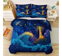 Generico Set Copripiumino Reversibile, Set Biancheria Da Letto Con Fantasia Cartone Animato Faro Stelle - Blu Scuro Copripiumino Morbido Con Cerniera Nascosta Su Entrambi I Lati 240 x 260 cm