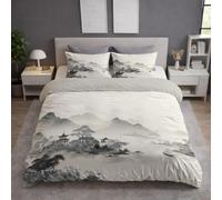 Generico Set Copripiumino Singolo 140 x 200 cm + 1 Federa 50x80 cm, Microfibra Copripiumino Morbida, Delicata sulla Pelle, Traspirante, Reversibile, Grigio, Stile Cinese Pittura A Inchiostro