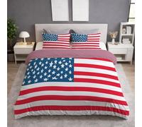 Generico Set Copripiumino Singolo 140 x 200 cm 2 Pezzi + 1 Federa 50 x 80 cm, Copripiumino in Microfibra, Delicata sulla Pelle, Reversibile, Rosso, Strisce Stelle Bandiera