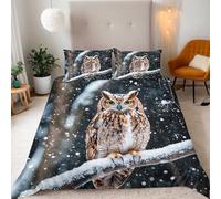 Generico Set Copripiumino Singolo 150x200 cm 3-Pezzi + 2 Federe 50x75 Microfibra Morbida 3D Gufo Nella Neve Stampa Biancheria da Letto con Cerniera e Fascette Angolari Adatto ad Giovane