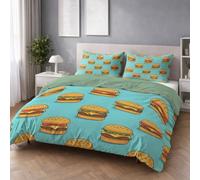 Generico Set Copripiumino singolo XL Blu Cartoon Cibo Hamburger Set 3 Pezzi in Morbida Microfibra 3D Parure Copripiumino 155 x 200 cm con Cerniera Ariosa Morbido con Cerniera e Federe
