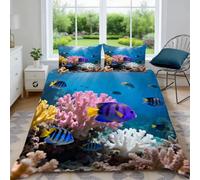 Generico Set Copripiumino Una Piazza e Mezza 200x200 cm Corallo Subacqueo Biancheria da letto Vita Marina Copripiumini Set Microfibra Morbido con Cerniera per Tutte le Stagioni