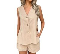 Generico Set Corto Estivo Donna Due Pezzi Canottiera e Pantaloncini per Vacanza Spiaggia Viaggio Crociera Resort (Khaki, L)