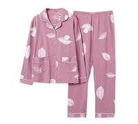 Genérico Set da notte per le donne Set di due pezzi pigiama leggero senza cappuccio e pantaloni della tuta biancheria intima confortevole tuta da casa pigiama di seta a maniche lunghe, rosa, XXL