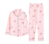 Genérico Set da notte per le donne Set di due pezzi pigiama leggero senza cappuccio e pantaloni della tuta biancheria intima confortevole tuta da casa pigiama di seta a maniche lunghe, Rosa chiaro