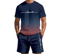 Generico Set Da Uomo 2 Pezzi Scollo Tondo Maniche Corte Sfumatura Stampa A Lettere Top Con Pantaloni Corti Con Cordino Tasca Estivi Traspirante Completi Tute Per Vacanze Picnic Riunioni Casual