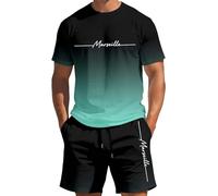 Generico Set Da Uomo 2 Pezzi Scollo Tondo Maniche Corte Sfumatura Stampa A Lettere Top Con Pantaloni Corti Con Cordino Tasca Estivi Traspirante Completi Tute Per Vacanze Picnic Riunioni Casual