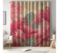 Generico Set di 2 tende Rosso, Illustrazione Fiore di ciliegio Montagna oscurante, camera da letto, isolamento termico, anti freddo, con occhielli, L140 x A175 cm, soggiorno moderno