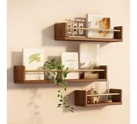 Generico Set di 3 Mensole da Muro in Legno da Parete, Versatili e con Listello Metallico Decorativo, li for Libri, Piante e Cornici