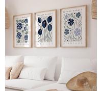 Generico Set di 3 poster, dipinti su tela con fiori blu Boho, quadri da parete moderni astratti, quadri vintage decorativi per il soggiorno, la camera da letto - senza cornice (21 x 30 cm)