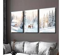 Generico Set di 3 poster Foresta Invernale con stampe su tela di baita e renne, stile nordico, per soggiorno, camera da letto, decorazione per la casa, senza cornice (40 x 50 cm)