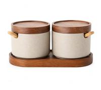 Generico Set Di Barattoli In Ceramica Per Spezie Con Coperchio E Cucchiaino In Bambù - Contenitori Per Condimenti Da Cucina Con Vassoio - Barattoli Minimalisti Per Sale(2 Jars)
