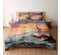 Generico Set di biancheria da letto in morbida microfibra spazzolata 135 x 200 cm, con chiusura a cerniera e lacci angolari, copripiumini reversibili Grande Onda Rocce Faro Tramonto, Malva Polveroso