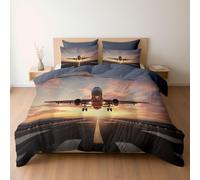 Generico Set di biancheria da letto in morbida microfibra spazzolata 150 x 220 cm, con chiusura a cerniera e lacci angolari, copripiumini reversibili Aeroporto Pista Aereo Tramonto, Grigio Ardesia