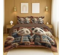 Generico Set di biancheria da letto Premium Facile da curare Poliestere antipiega con federe(50 * 75) Per la camera da letto Marrone Panda Carino Realistico,260x220cm(86" x 102")
