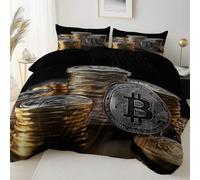 Generico Set di copripiumino matrimoniale da 200 x 200 cm con 2 federe da 80 x 80 cm, Realistico Bitcoin moneta d'argento con cerniera lampo Copripiumino Matrimoniale 3 pezzi, colore: Nero