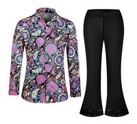 Generico Set di costumi da discoteca anni '70, hippie da uomo con pantaloni a zampa con glitter camicia 80s Carnevale per 50s 60s 70s Cosplay Halloween Party