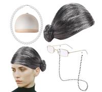 Generico Set di costumi da vecchia - Parrucca della nonna Occhiali con collana a catena Bracciale Costume da 100 giorni di scuola per bambine,100 giorni di scuola vecchia parrucca costume cosplay set