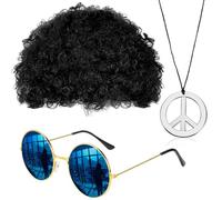 Generico Set di Costumi Hippie, Parrucca Afro, Occhiali Sole, Collana con Segno di Pace,Per Carnevale festa a tema, per Festa a Tema Anni 50/60/ 70(4 Psc)
