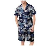 Genérico Set di Due Pezzi Camicia a Manica Corta e Pantaloni Corti Hawaiano Casual Uomo Costume da Spiaggia Vestito Casual Casa Set Pigiama Confortevole, Marino, XXXL