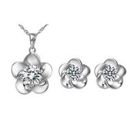 Generico Set di due pezzi con collana a fiori di pruno alla moda e orecchini con diamanti colorati, ciondolo semplice, gioielli da donna con fiore che sboccia in argento