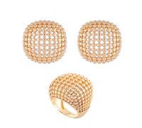 Generico Set di gioielli in maglia d'oro per le donne, orecchini di cupola di dichiarazione e set di anelli, gioielli retro grossi placcati in oro 18K per festa e usura quotidiana