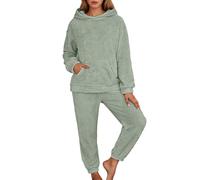 Genérico Set di Loungewear Tuta Donna in Pile Abbigliamento per la Casa Taglie Grandi Pigiama per il Tempo Libero Tuta da Allenamento Top con Cappuccio Set Casa per Donna Morbido e Lungo, verde chiaro