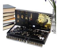 Genérico Set di Mahjong da viaggio, 144 pezzi di carte Mahjong nere e dorate, include 2 e 4 supporti per gettoni, per giocatori principianti, viaggi, feste e celebrazioni
