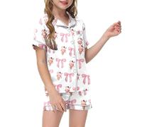 Generico Set di Pigiama da 2 Pezzi per Ragazze,Morbidi e Comodi Pigiami in Raso con Bottoni Corto Ragazzo Camicia Notte abbottonata Natalizio Bambino Loungewear Ragazze 2-9 Anni